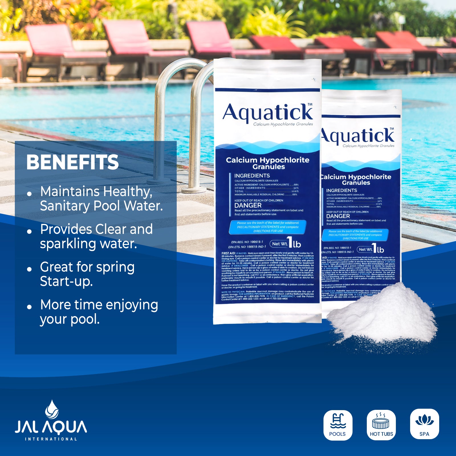 AquaTick Cal-Hypo-Quick Efficient Pool Sanitization Chlorine Granules - 68% Calcium Hypochlorite Formula