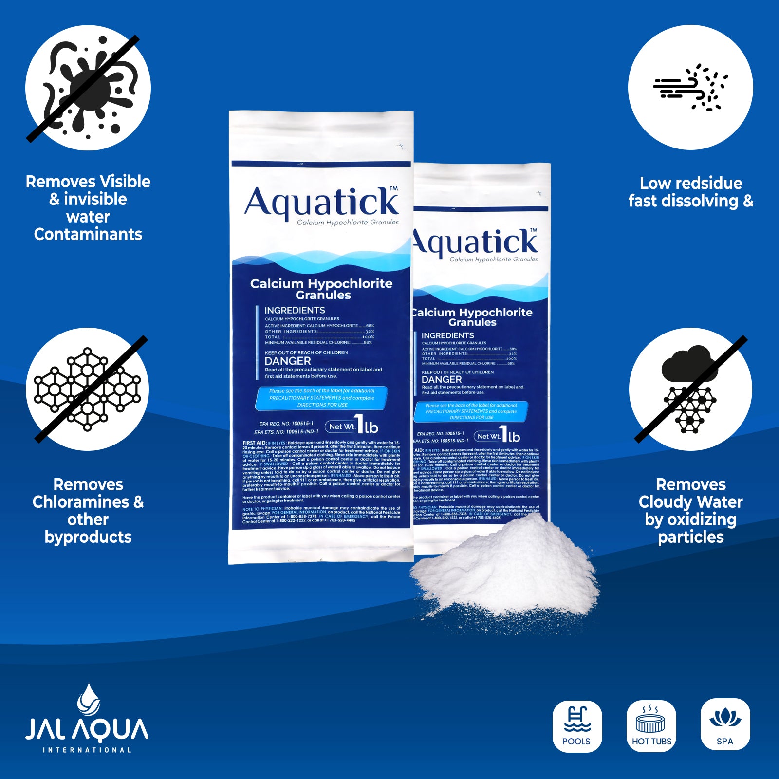 AquaTick Cal-Hypo-Quick Efficient Pool Sanitization Chlorine Granules - 68% Calcium Hypochlorite Formula