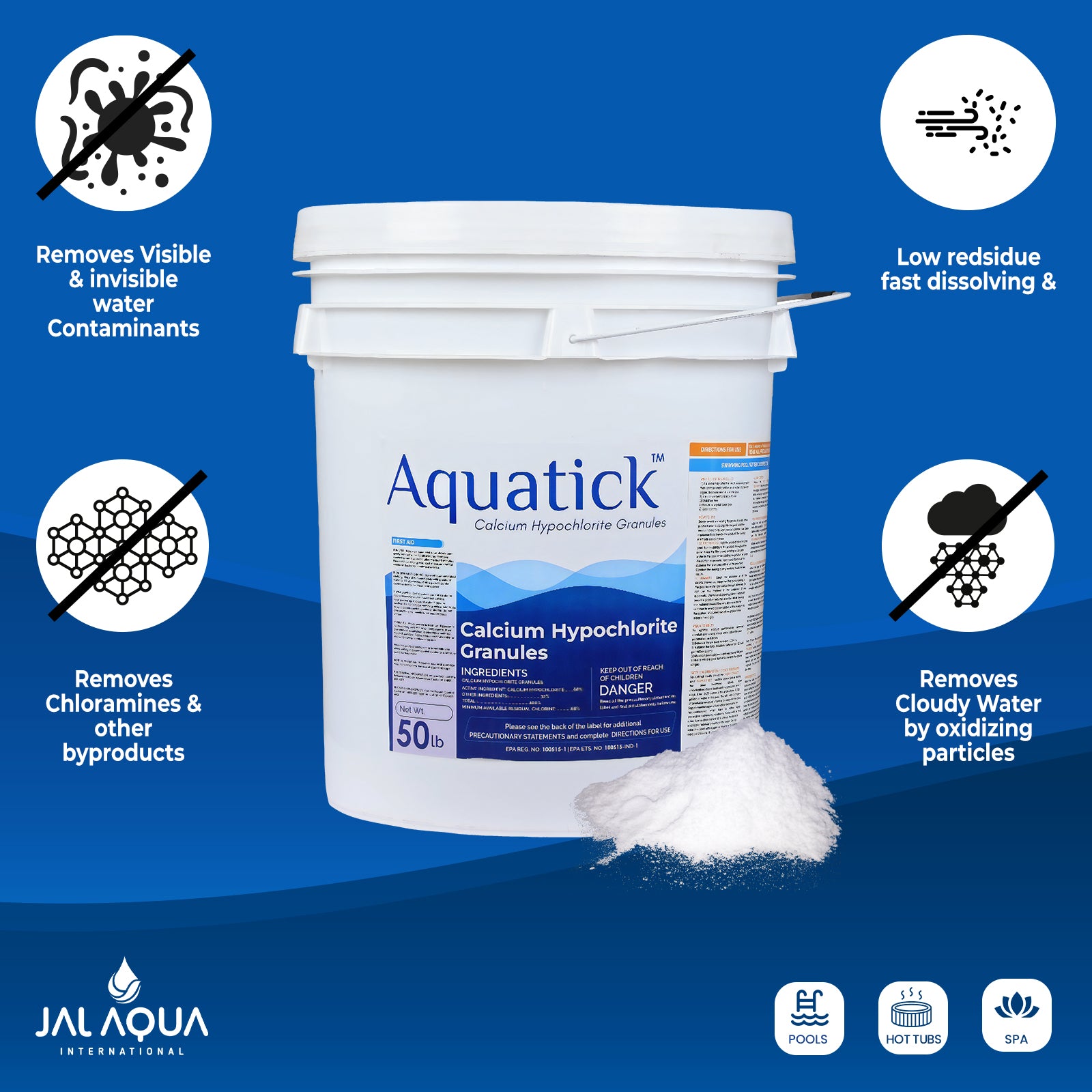AquaTick Cal-Hypo-Quick Efficient Pool Sanitization Chlorine Granules - 68% Calcium Hypochlorite Formula